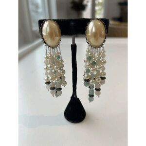 Reworked Vintage 60s Elegant Long Drop Earrings With Large Center Faux Pearl